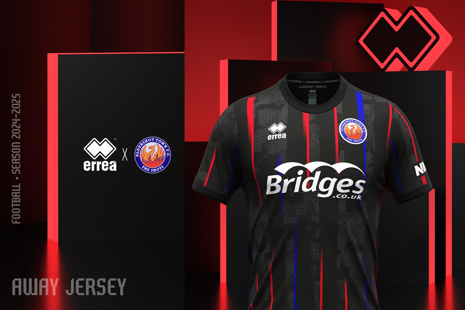 Negro, rojo y azul en la nueva camiseta visitante del Aldershot Town FC